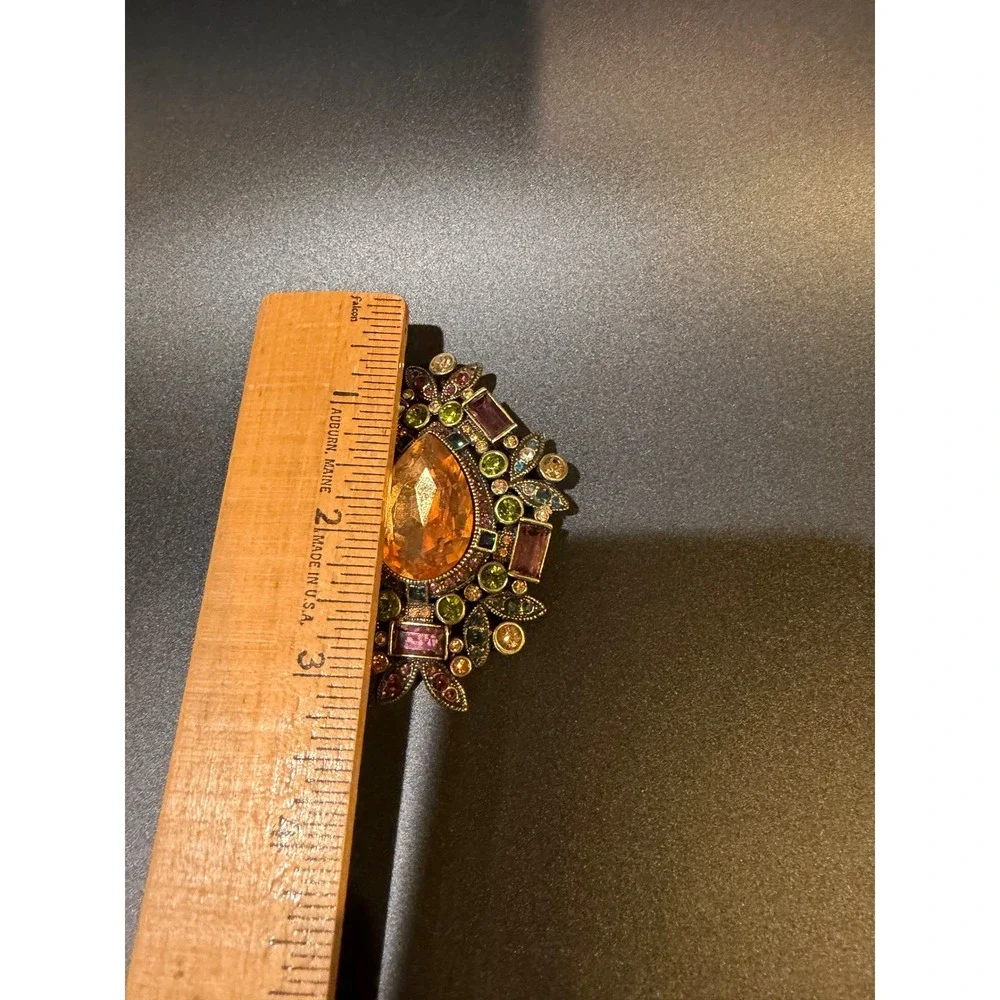 Heidi Daus Amber Crystal Statement Brooch Multi-Color Rhinestone Pendant Bronze